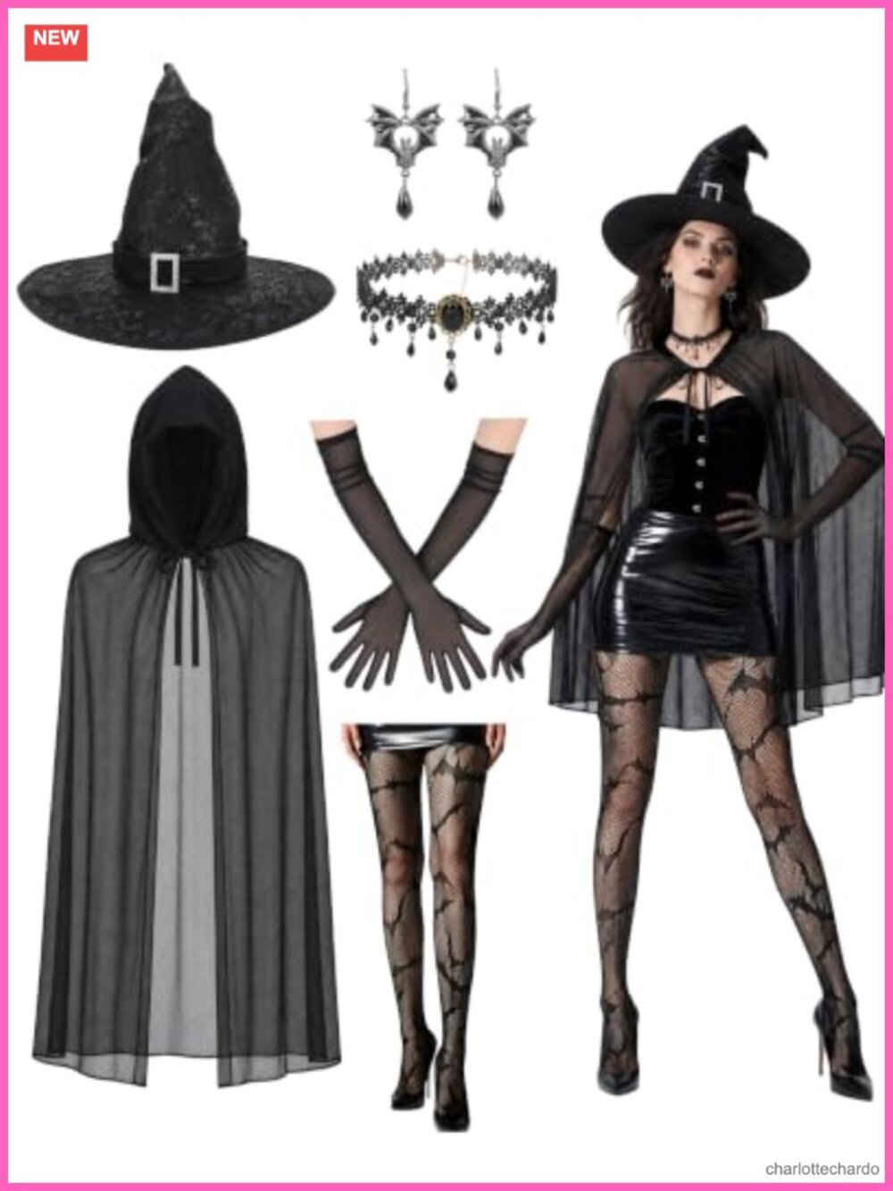 6Pc Witch Costume Accessory Set Hat Cape Gloves Choker Halloween Cosplay